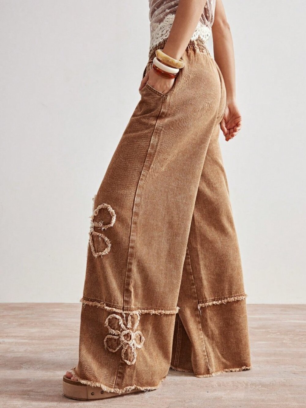 Brown Casual Women's Floral Detail Wide Leg Pants - Picture 3 of 7